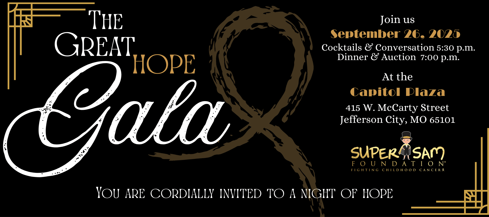 Black background with 1920s theme invitation to Hope Gala